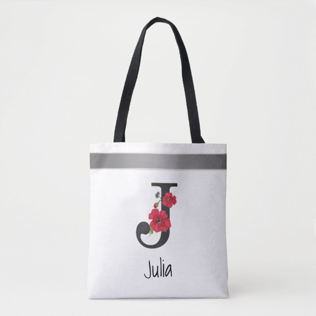 Bolsa Tote Monograma personalizado, editável, j texto, flor v (Frente)