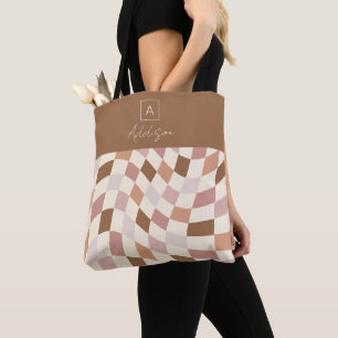 Bolsa Tote Monograma Personalizado Elegante Neutro Xadrez
