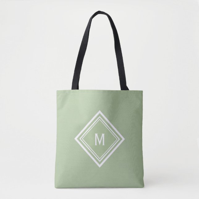 Bolsa Tote Monograma Personalizado em Verde Sage Moderno e El (Frente)