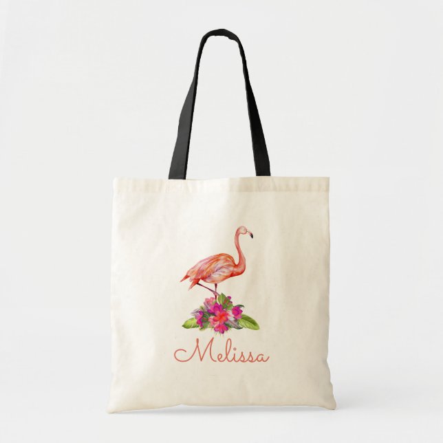 Bolsa Tote Monograma Personalizado Flamingo Tropical Cute (Frente)