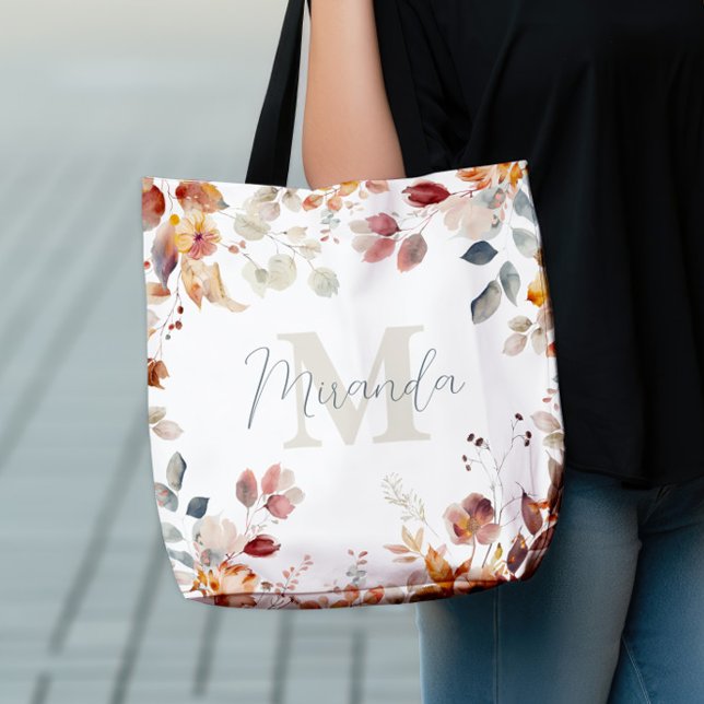 Bolsa Tote Monograma Personalizado Floral (Personalized Monogram Floral Tote Bag)