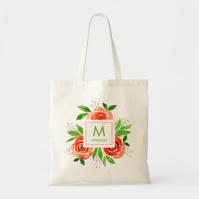 Bolsa Tote Monograma Personalizado Floral Aquarela Pêssego (Frente)