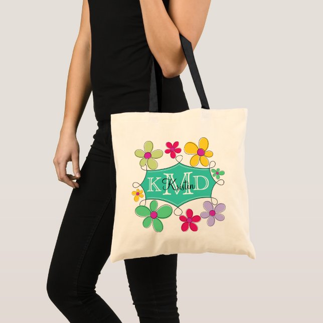 Bolsa Tote Monograma Personalizado Floral do Quadro de Portas (Frente (produto))