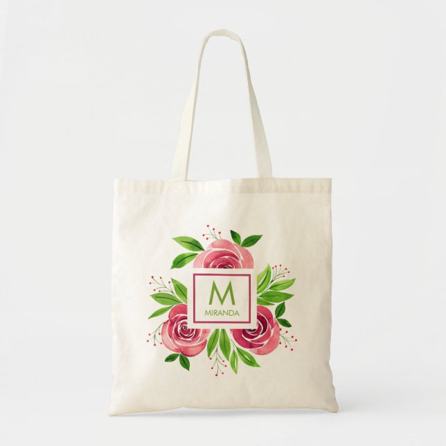Bolsa Tote Monograma Personalizado Floral Rosa (Frente)
