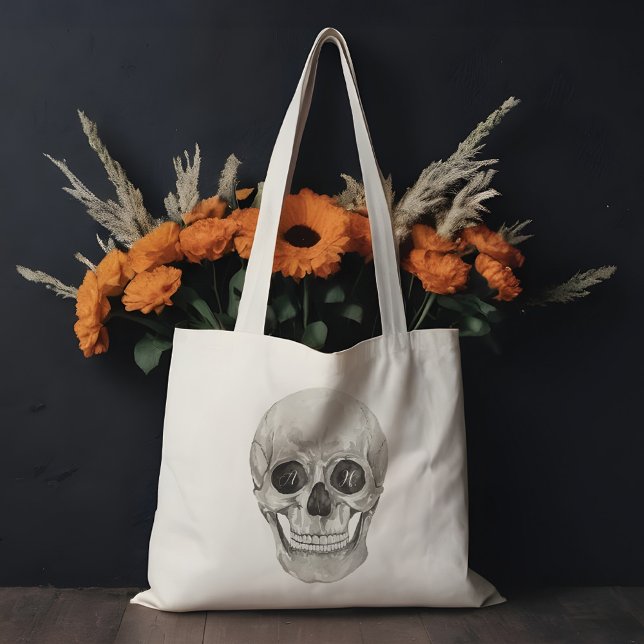 Bolsa Tote Monograma Personalizado Gótico de Cabeça de Esquel (Watercolor Skeleton Head Gothic Custom Monogram Tote Bag)