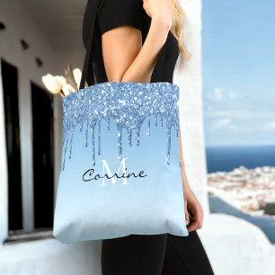 Bolsa Tote Monograma Personalizado Grelha Azul Glitter Drives