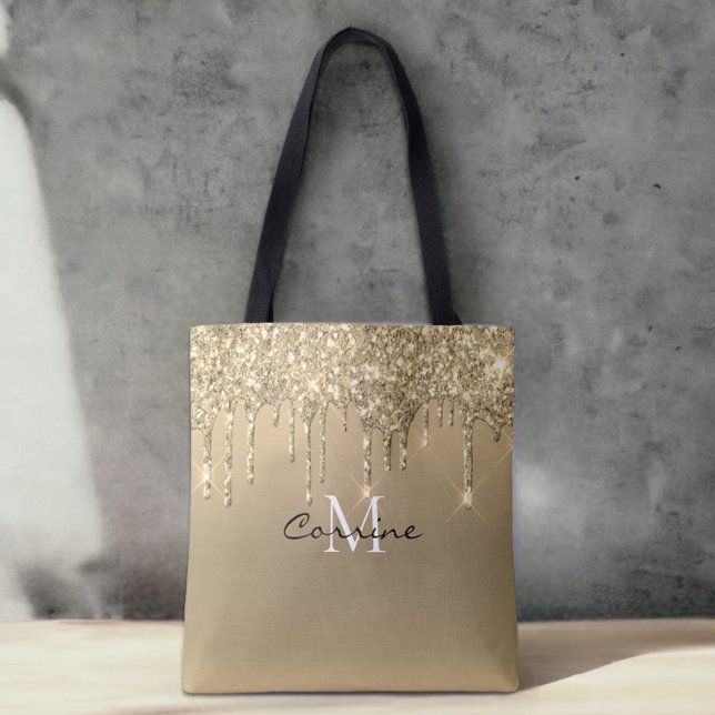 Bolsa Tote Monograma Personalizado Metálico de Glitter Dourad (Criador carregado)
