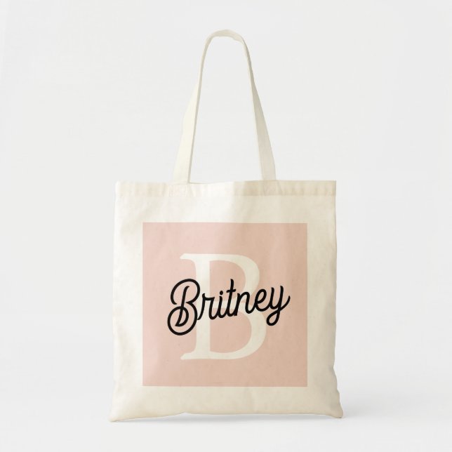 Bolsa Tote Monograma Personalizado Moderno e Nome Pastel Rosa (Frente)