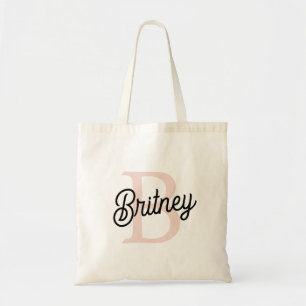 Bolsa Tote Monograma Personalizado Moderno e Nome Pastel Rosa