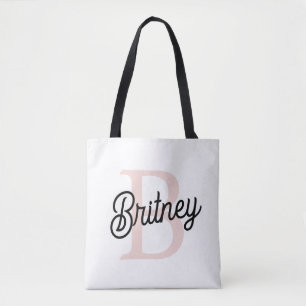 Bolsa Tote Monograma Personalizado Moderno e Nome Pastel Rosa