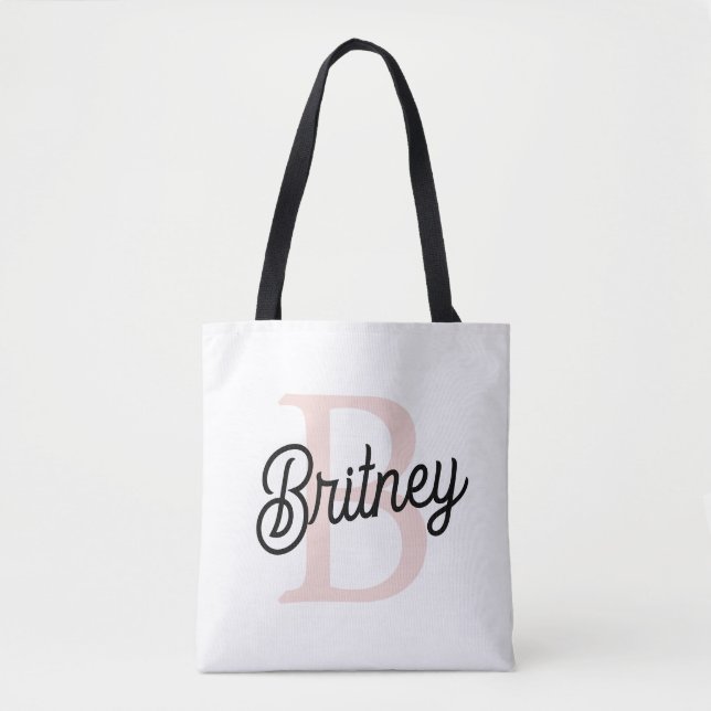 Bolsa Tote Monograma Personalizado Moderno e Nome Pastel Rosa (Frente)