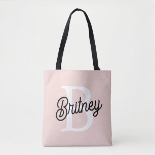 Bolsa Tote Monograma Personalizado Moderno e Nome Pastel Rosa