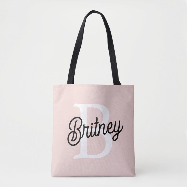 Bolsa Tote Monograma Personalizado Moderno e Nome Pastel Rosa (Frente)