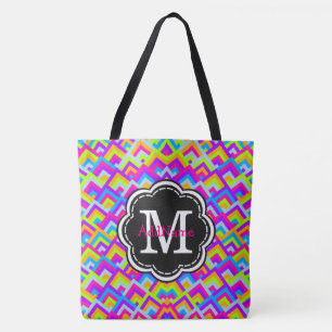 Bolsa Tote Monograma Personalizado Neon Chevron Colorido