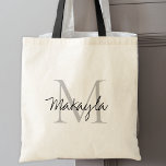 Bolsa Tote Monograma Personalizado Preto Elegante<br><div class="desc">Este saco de tote moderno e elegante apresenta um monograma na moda e nome na tipografia de scripts. É facilmente personalizável e fará um presente de excelente para sua festa de casamento, madrinha de casamento, damas de honra, mães da noiva e do noivo, e a florista todos apreciará esse presente...</div>