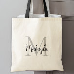 Bolsa Tote Monograma Personalizado Preto Moderno e Elegante<br><div class="desc">Esta bolsa tote moderna e elegante apresenta um monograma elegante e nome em tipografia cursiva. É facilmente personalizável e será um ótimo presente para sua comitiva de casamento,  madrinha de honra,  damas de honra,  mães do noivo e da noiva,  e a menina das flores irão apreciar este presente atencioso.</div>