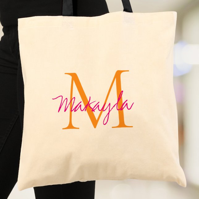 Bolsa Tote Monograma Personalizado Rosa Script (Criador carregado)