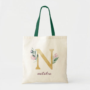 Bolsa Tote Monograma Personalizado Roxo-Dourado Floral