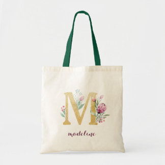 Bolsa Tote Monograma Personalizado Roxo-Dourado Floral