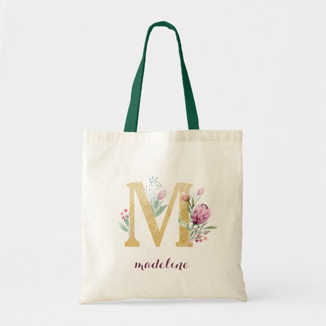 Bolsa Tote Monograma Personalizado Roxo-Dourado Floral (Frente)