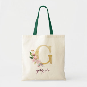 Bolsa Tote Monograma Personalizado Roxo-Dourado Floral