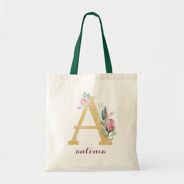Bolsa Tote Monograma Personalizado Roxo-Dourado Floral (Frente)