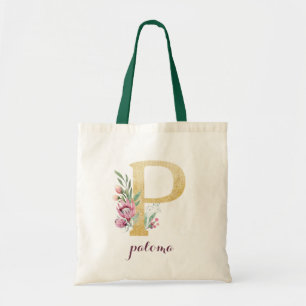 Bolsa Tote Monograma Personalizado Roxo-Dourado Floral