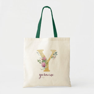 Bolsa Tote Monograma Personalizado Roxo-Dourado Floral