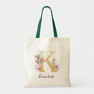Bolsa Tote Monograma Personalizado Roxo-Dourado Floral