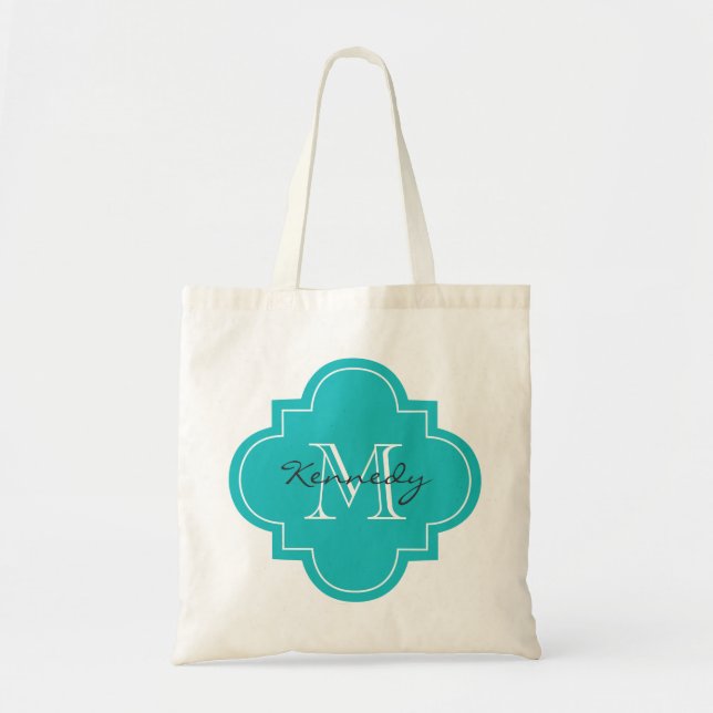 Bolsa Tote Monograma personalizado turquesa (Frente)