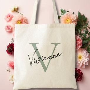 Bolsa Tote Monograma Personalizado Verde de Sage Moderno Eleg