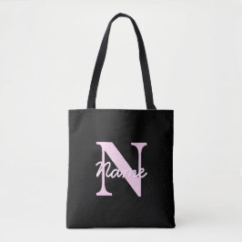 Bolsa Tote Monograma Personalizável Fofo | Rosa Claro e Preto