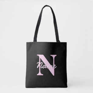 Bolsa Tote Monograma Personalizável Fofo Rosa Claro e Preto