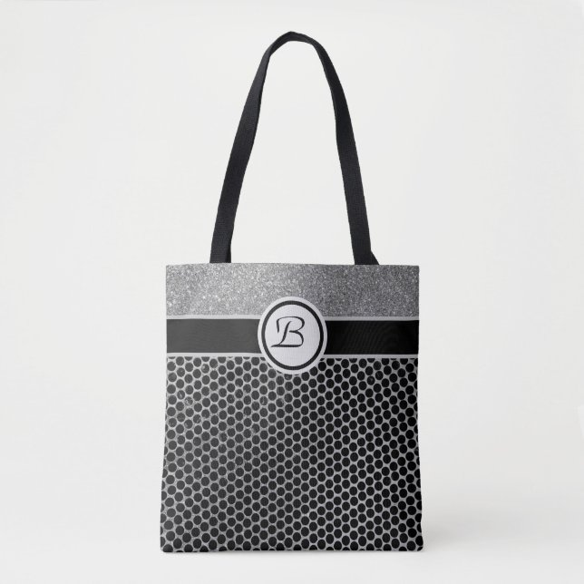 Bolsa Tote Monograma Prata Brilho e Moda Chic Preta (Frente)