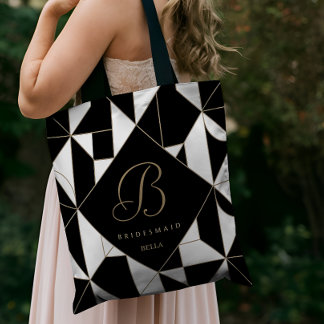 Bolsa Tote Monograma Preto, Branco e Dourado Geométrico para 