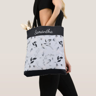 Bolsa Tote Monograma Preto Branco Prata Cinza Folhas Florais