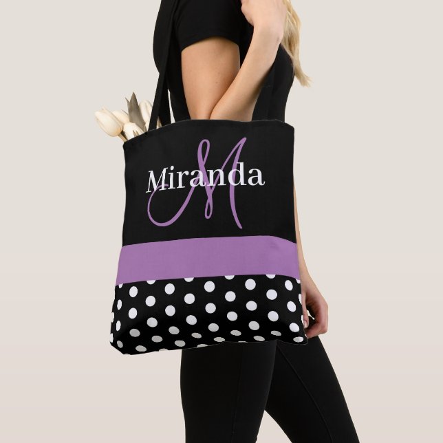 Bolsa Tote Monograma Preto Branco Roxo Pontos Polka Script (Close Up)