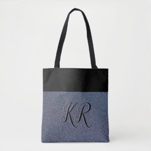 Bolsa Tote Monograma Preto de Brilho de Prata Elegante (simul