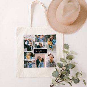 Bolsa Tote Monograma Preto de Colagem de Fotos da Família Si