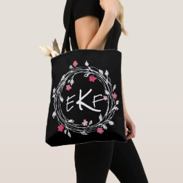 Bolsa Tote Monograma Preto e Branco Coroa Floral Rosa