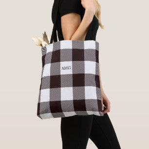 Bolsa Tote Monograma preto e branco do teste padrão da xadre