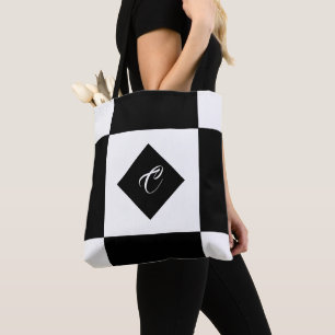 Bolsa Tote Monograma preto e branco moderno verificado