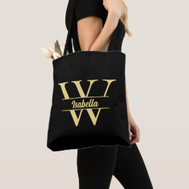Bolsa Tote Monograma preto e Dourado | Script inicial Elegant