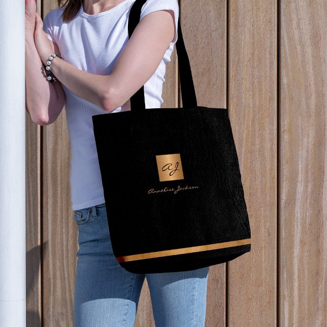 Bolsa Tote Monograma preto moderno de ouro elegante e luxo (Criador carregado)