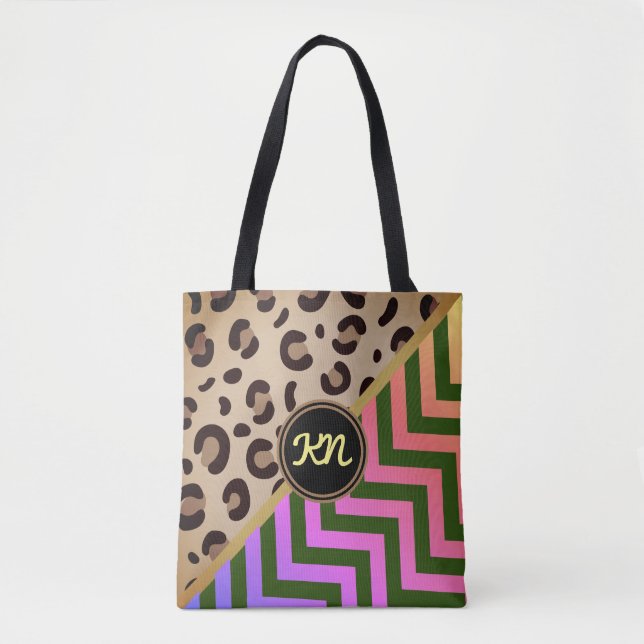 Bolsa Tote Monograma Rainbow Leopard Impressão Chevron Dois T (Frente)