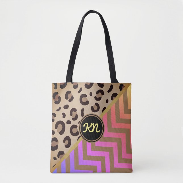 Bolsa Tote Monograma Rainbow Leopard Impressão Chevron Dois T (Frente)