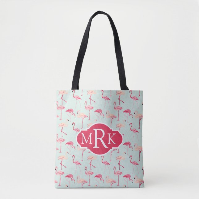 Bolsa Tote Monograma retro do teste padrão | do flamingo (Frente)