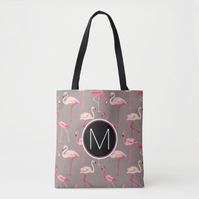 Bolsa Tote Monograma retro dos flamingos | (Frente)