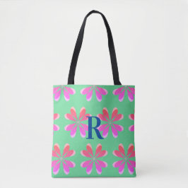 Bolsa Tote Monograma retro verde-floral rosa