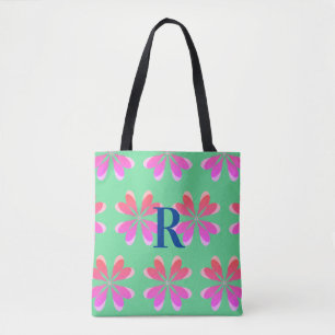 Bolsa Tote Monograma retro verde-floral rosa